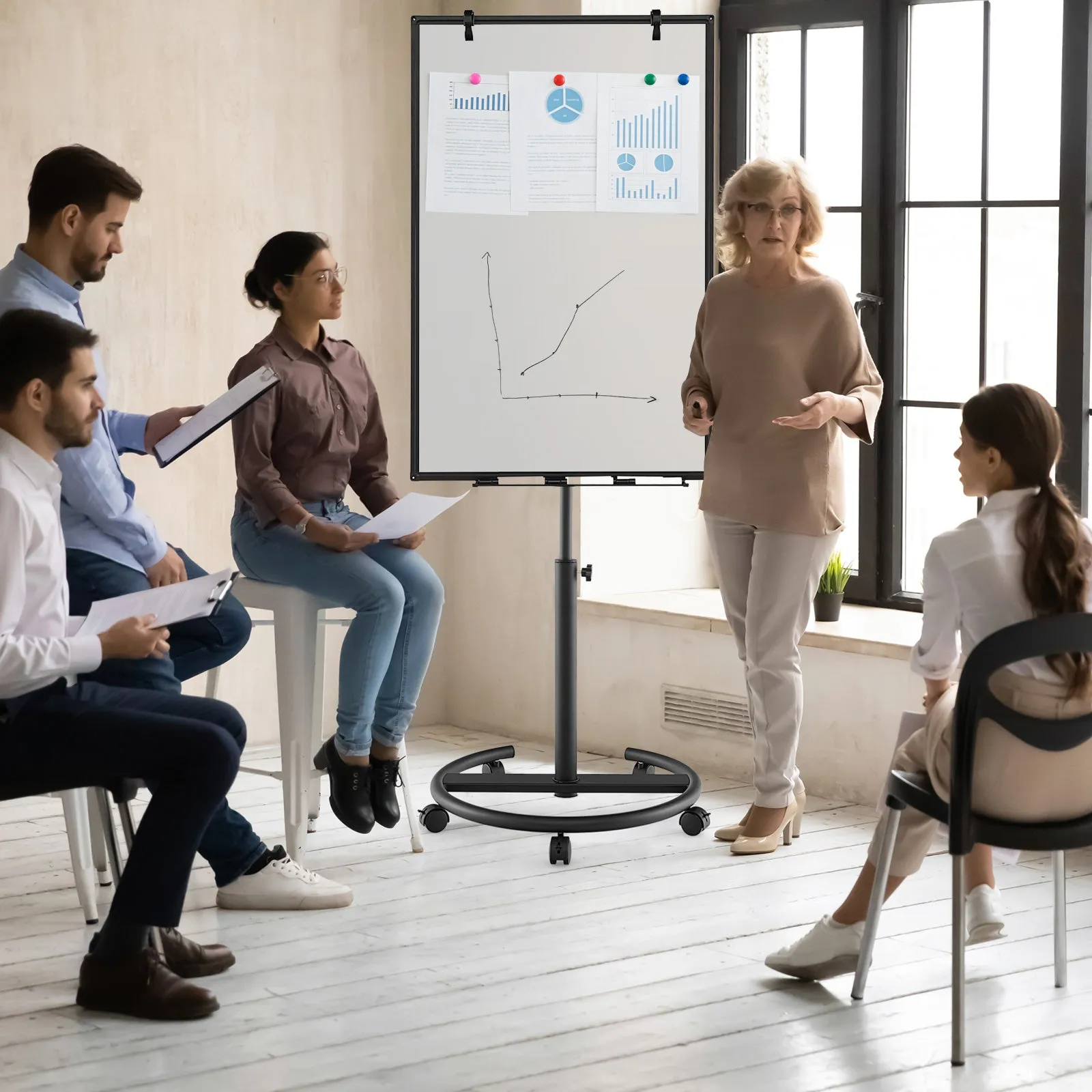 100 cm x 65 cm Height-Adjustable Magnetic Whiteboard on Wheels-Black; White