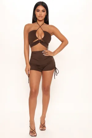 Be Mine Ruched Short Set - Brown