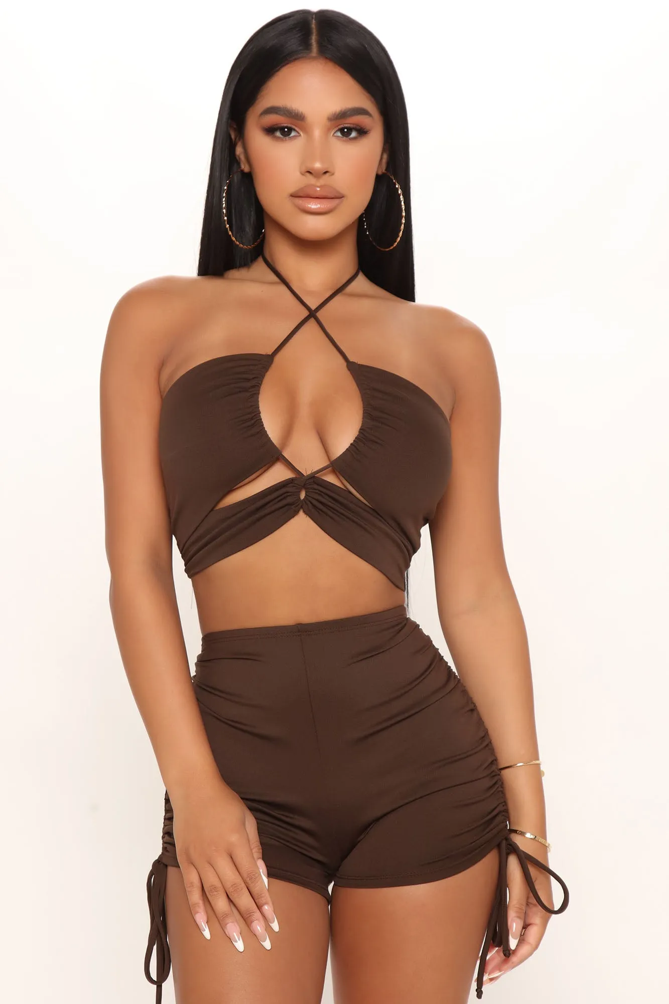 Be Mine Ruched Short Set - Brown
