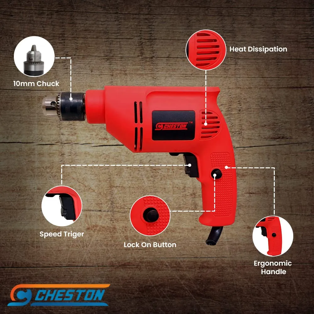 Cheston 10 mm Drill Machine Set 400W | Variable Speed & Reverse & Forward Function | 10mm Chuck | 2600 RPM | Electrical Power Tool Kit for Multipurpose Use | Drill for Wall Wood Metal Sheets