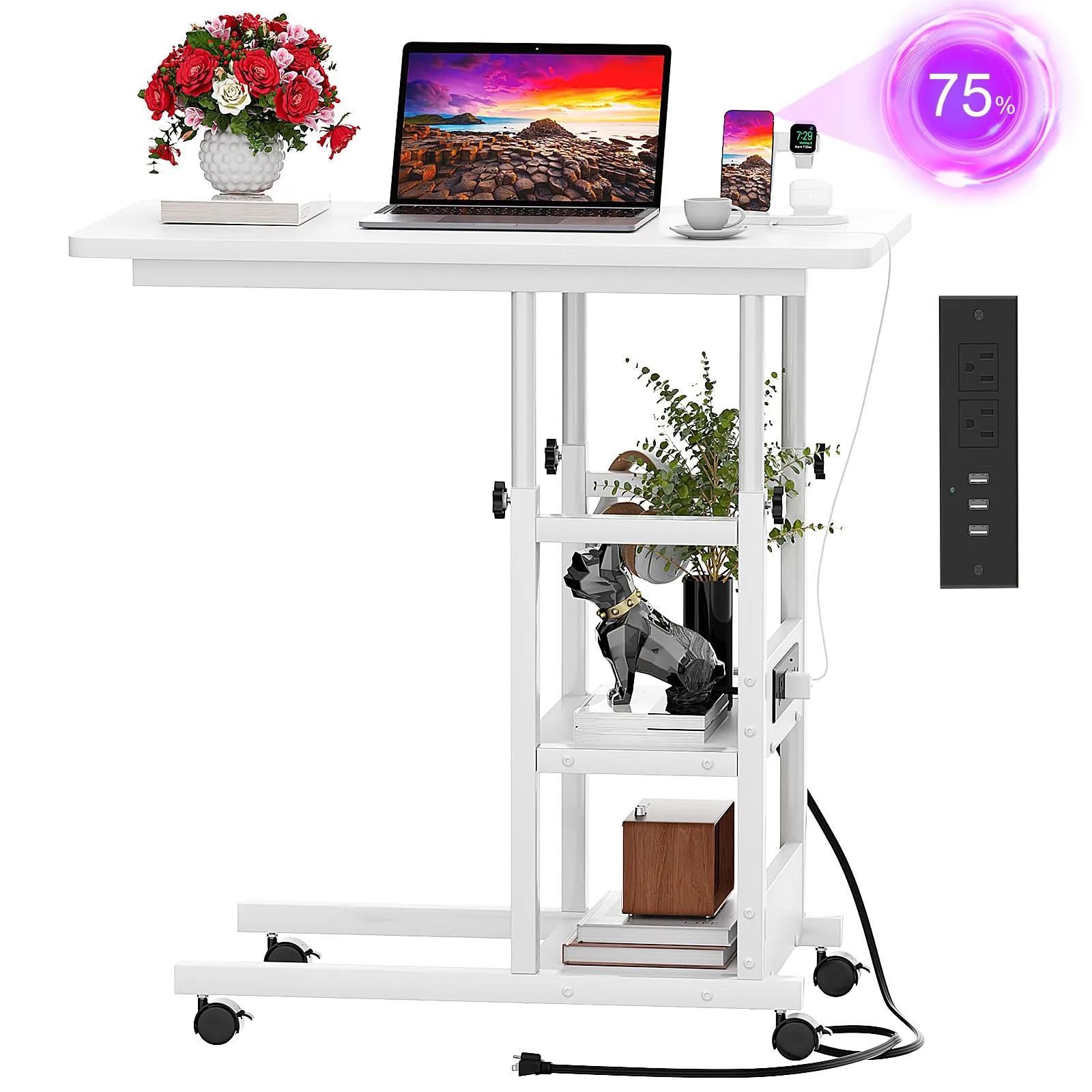 Cyclysio Height Adjustable C Shaped End Table with Charging Station, White W