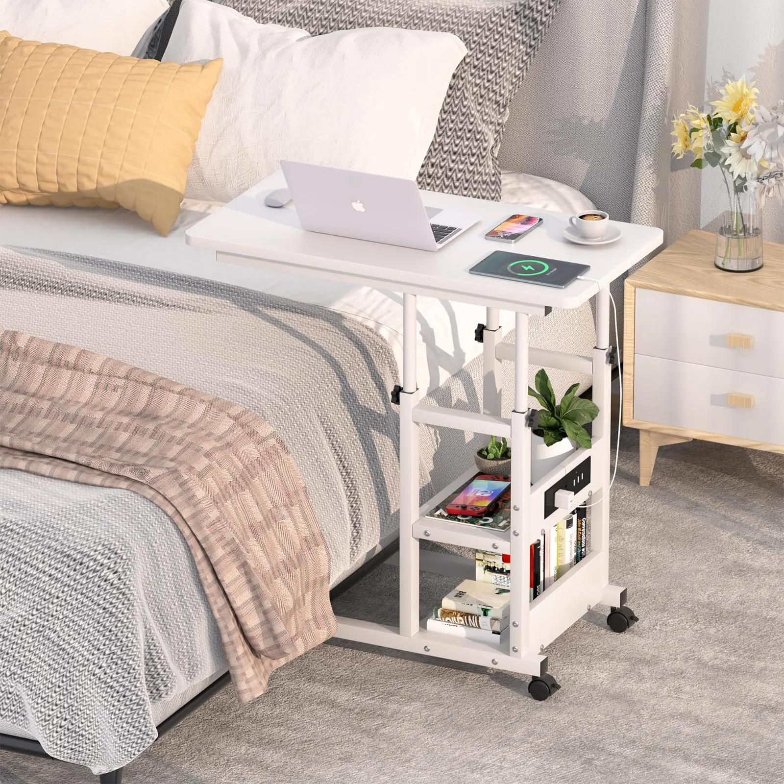 Cyclysio Height Adjustable C Shaped End Table with Charging Station, White W