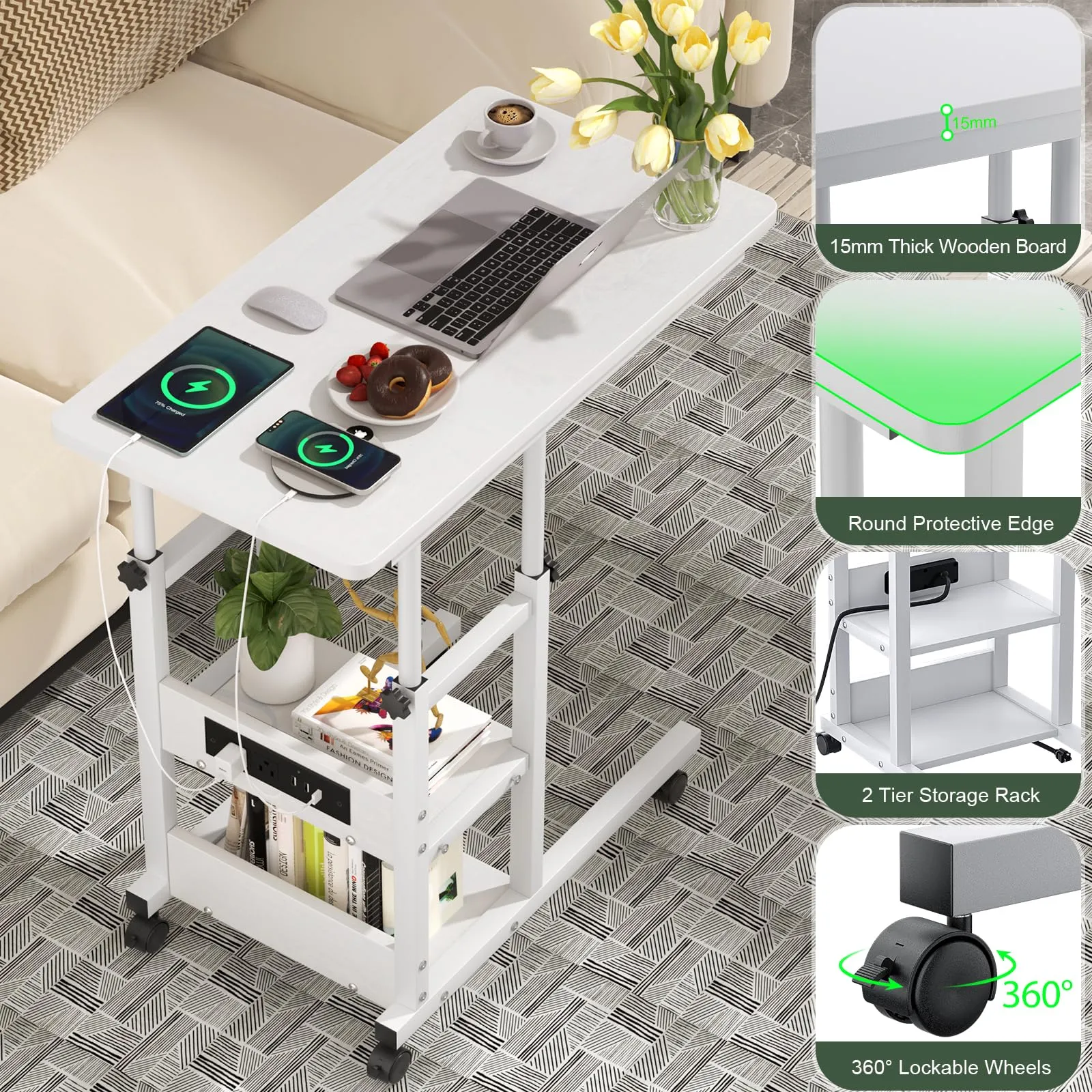 Cyclysio Height Adjustable C Shaped End Table with Charging Station, White W