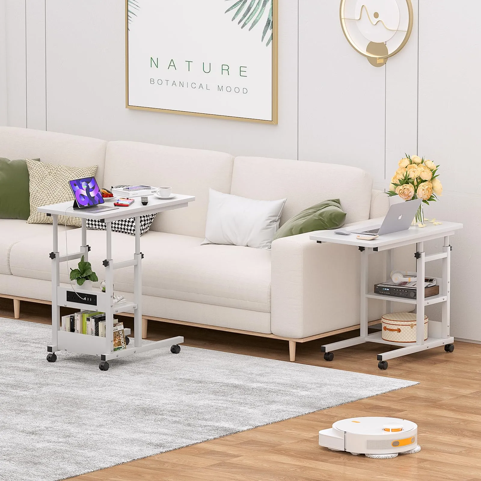 Cyclysio Height Adjustable C Shaped End Table with Charging Station, White W