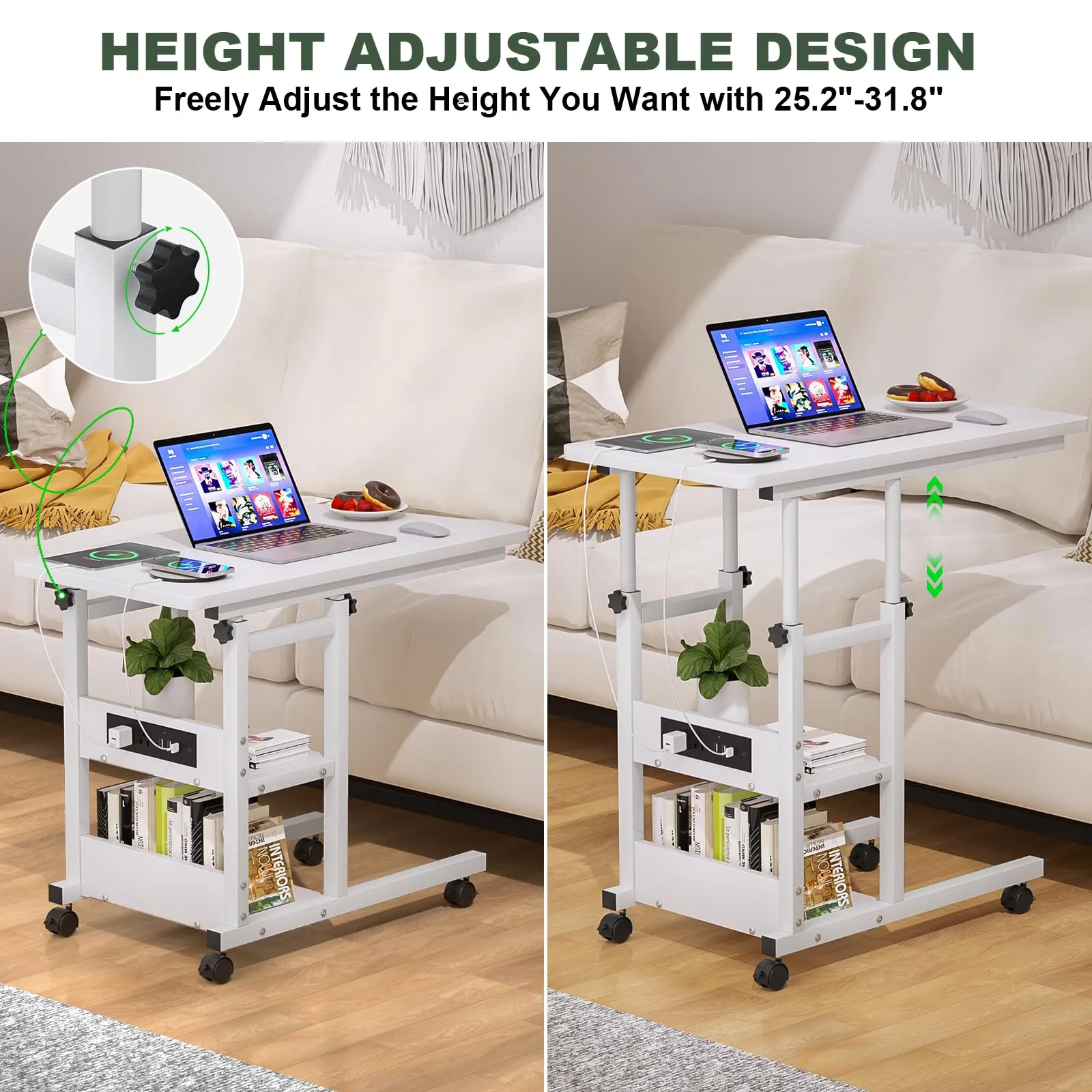 Cyclysio Height Adjustable C Shaped End Table with Charging Station, White W