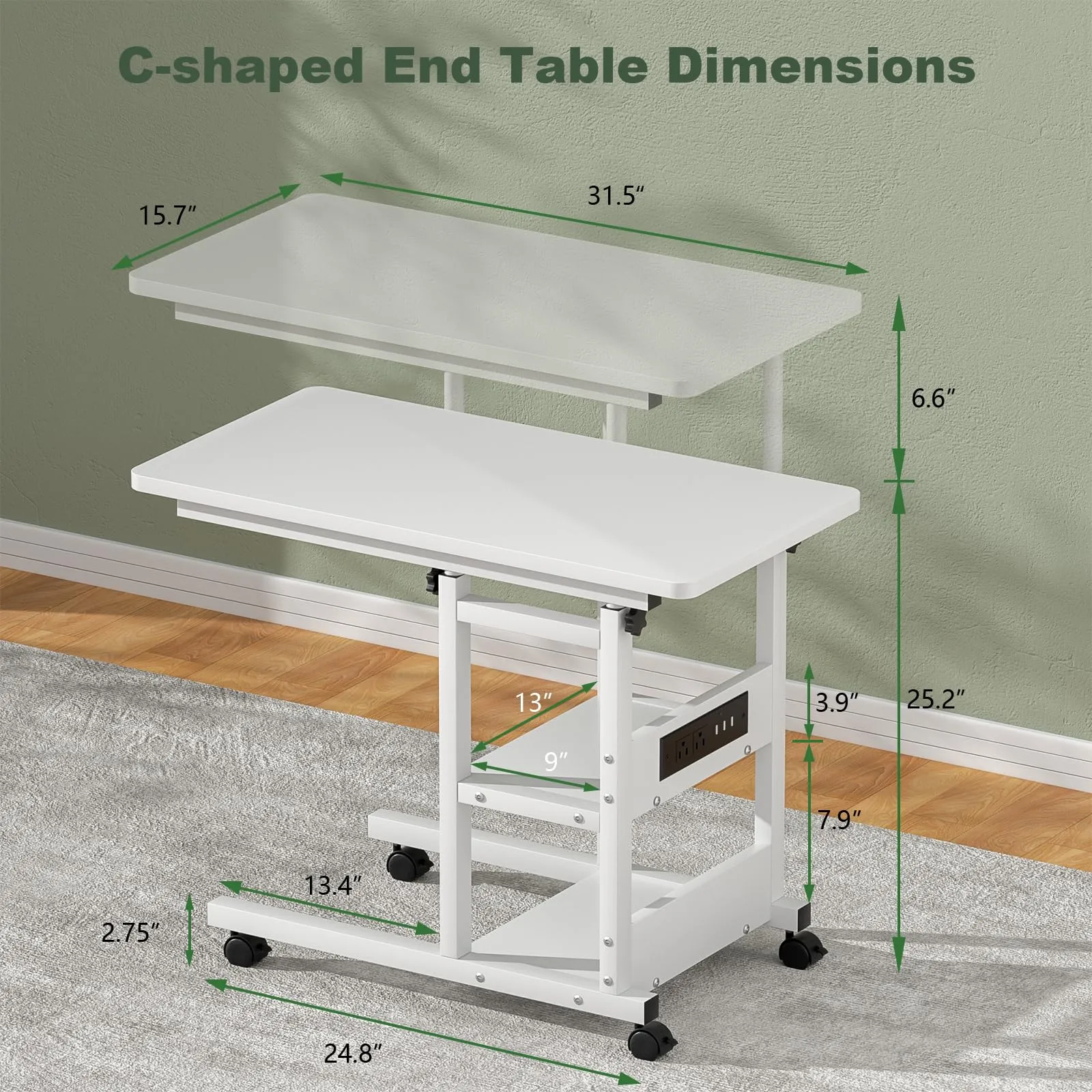 Cyclysio Height Adjustable C Shaped End Table with Charging Station, White W