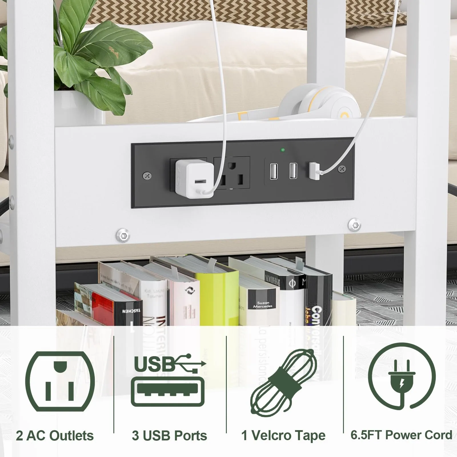 Cyclysio Height Adjustable C Shaped End Table with Charging Station, White W