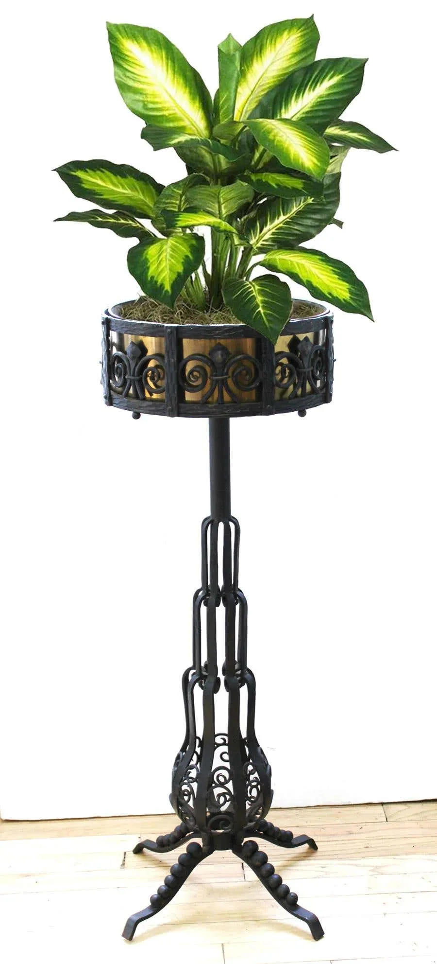 French Art Deco Wrought Iron and Brass Planter Stand