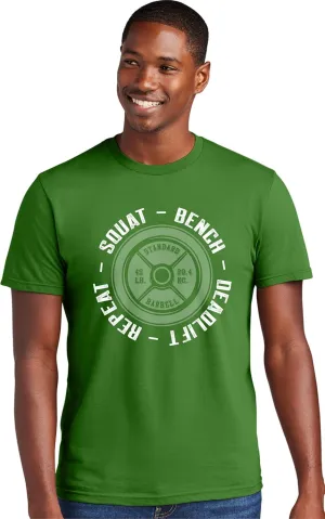 Go All Out Squat Bench Deadlift Repeat Funny Gym Workout Mens Deluxe Soft T-Shirt