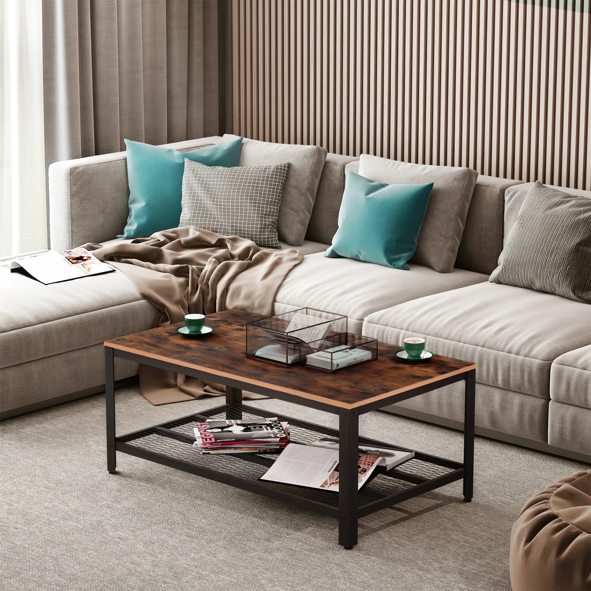 HOMCOM Coffee Table - Retro Industrial Side Table, Metal Frame, Rustic Brown Finish for Living Room & Modern Spaces