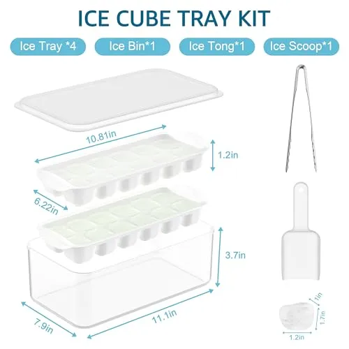 ICEXXP 4 Pack Ice Cube Tray with Lid and Bin, Ice Cube Trays for Freezer with Ice Box, Silicone Ice Trays with Ice Container for Cocktails, Stackable Ice Tray with Storage Ice Bucket, Ice Tong & Scoop