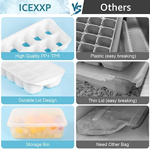 ICEXXP 4 Pack Ice Cube Tray with Lid and Bin, Ice Cube Trays for Freezer with Ice Box, Silicone Ice Trays with Ice Container for Cocktails, Stackable Ice Tray with Storage Ice Bucket, Ice Tong & Scoop