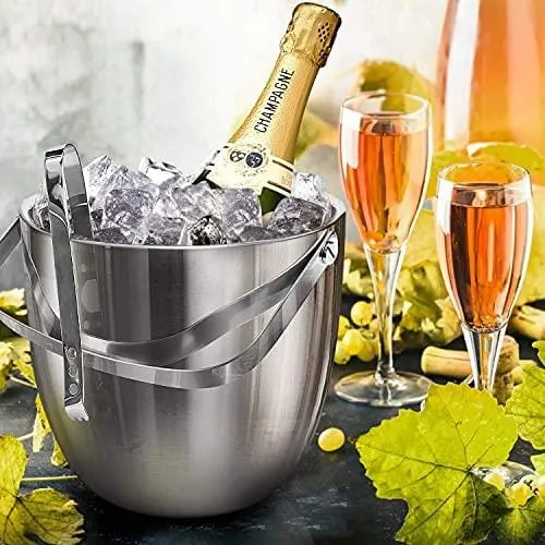 Jozo Ice Bucket Insulated with Tongs and Lids 3.4 Quarts for Parties and Bar, Stainless Steel Double Wall with Strainer