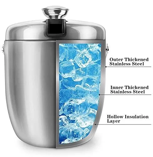 Jozo Ice Bucket Insulated with Tongs and Lids 3.4 Quarts for Parties and Bar, Stainless Steel Double Wall with Strainer