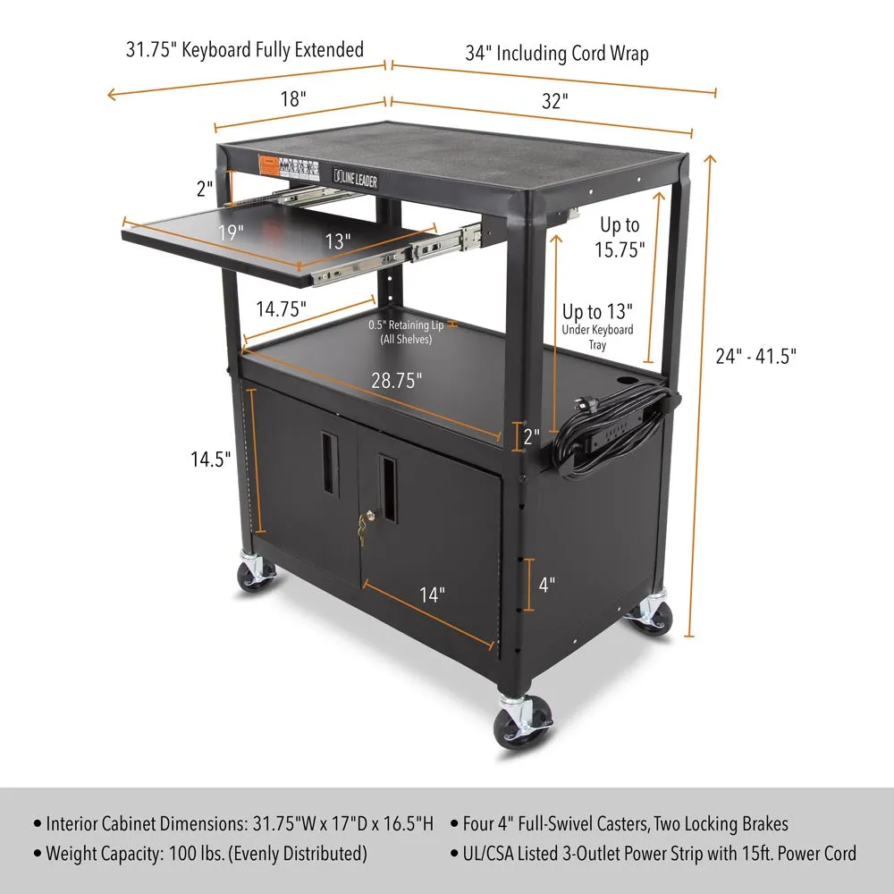 Line Leader AV Cart   Cabinet   Keyboard Tray | Height Adjustable Mobile Workstation
