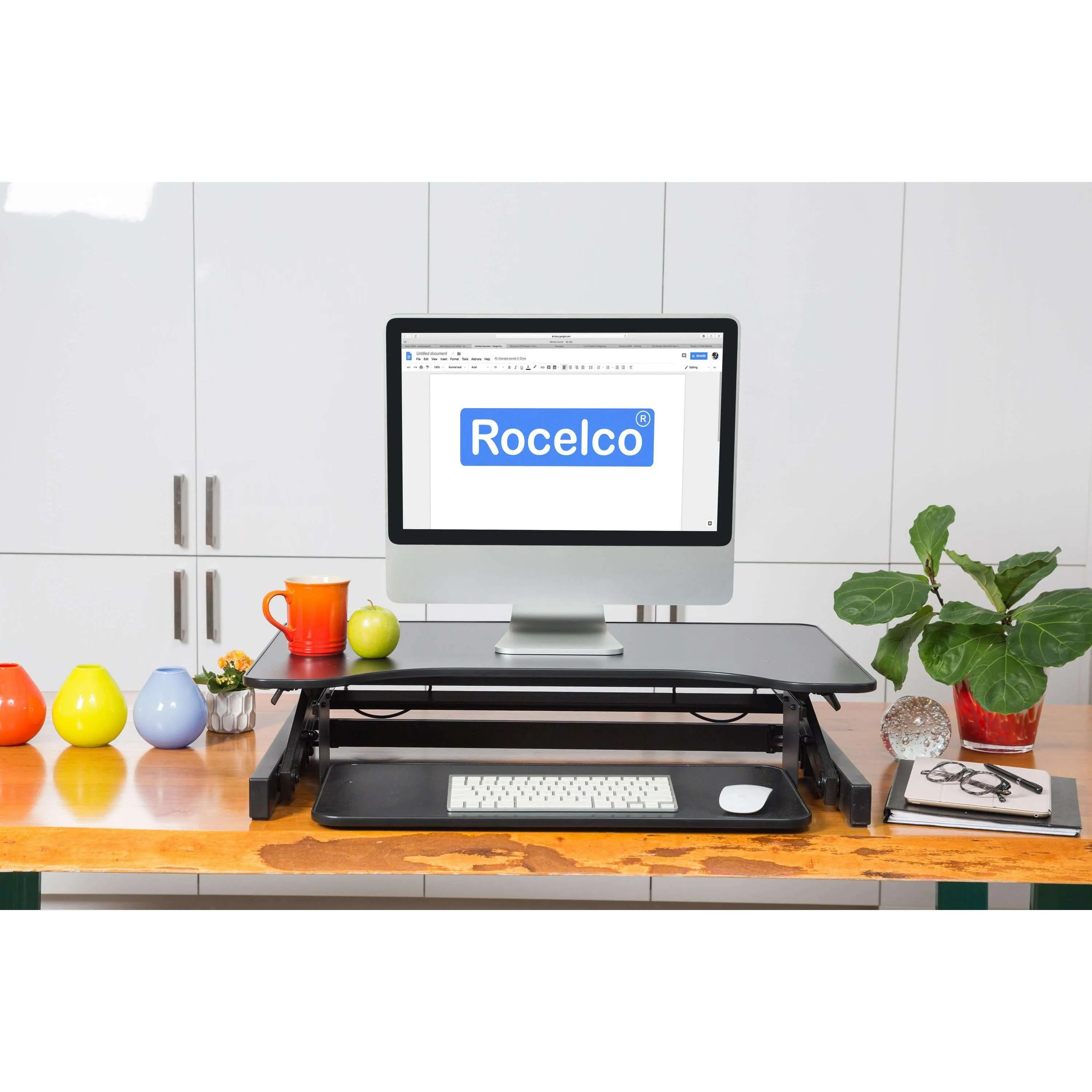 Lorell/Rocelco 32” Height Adjustable Standing Desk Converter w/ Anti-Fatigue Mat BUNDLE | Large Retractable Keyboard Tray | R ADRB-MAFM, Black