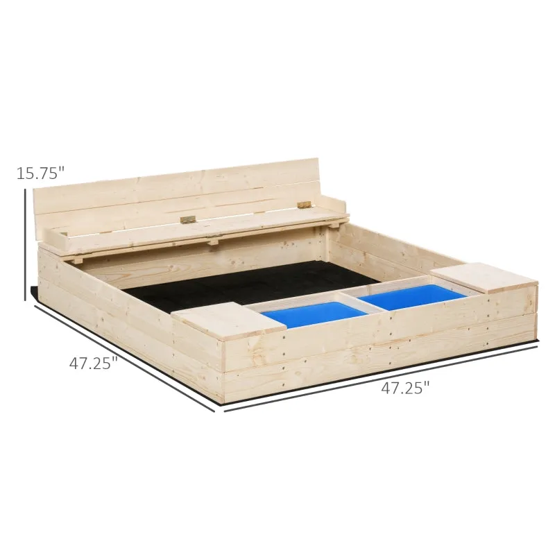 Outsunny Kids Wooden Sandbox w/ Two Plastic Boxes Foldable Bench Seat Waterproof Cover Bottom Liner Storage Space