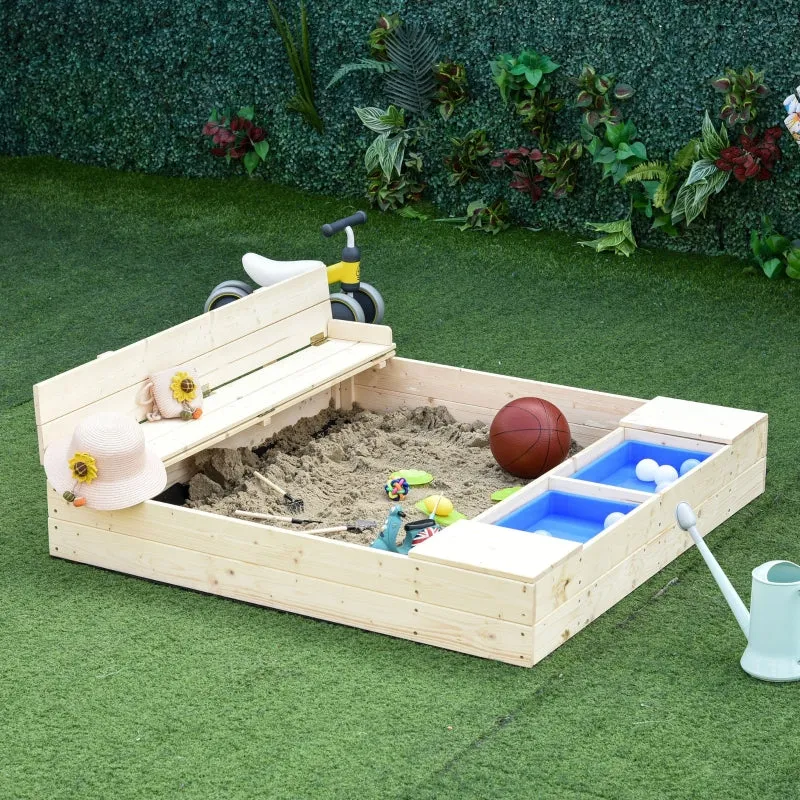 Outsunny Kids Wooden Sandbox w/ Two Plastic Boxes Foldable Bench Seat Waterproof Cover Bottom Liner Storage Space