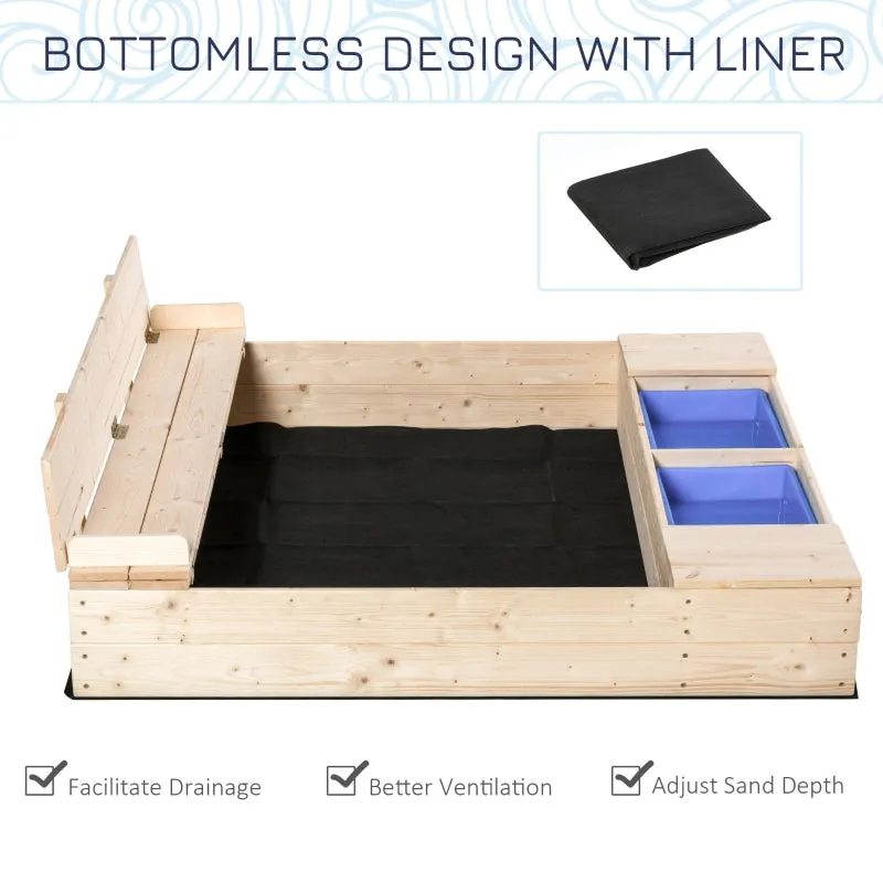 Outsunny Kids Wooden Sandbox w/ Two Plastic Boxes Foldable Bench Seat Waterproof Cover Bottom Liner Storage Space