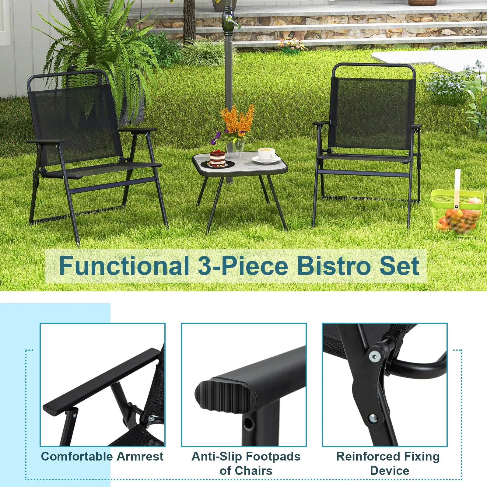 Tangkula 3 Piece Patio Folding Dining Set