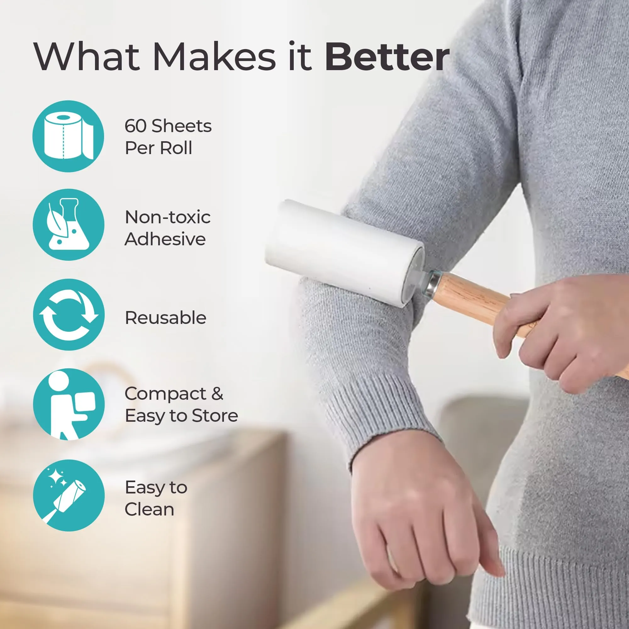 The Better Home Lint Roller for Clothes (Pack of 4-60 Sheets Each) Lint Remover for Clothes | Reusable Lint Roller for Pet Hair with Wooden Handle & Loop for Hanging Pet Hair Remover from Clothes