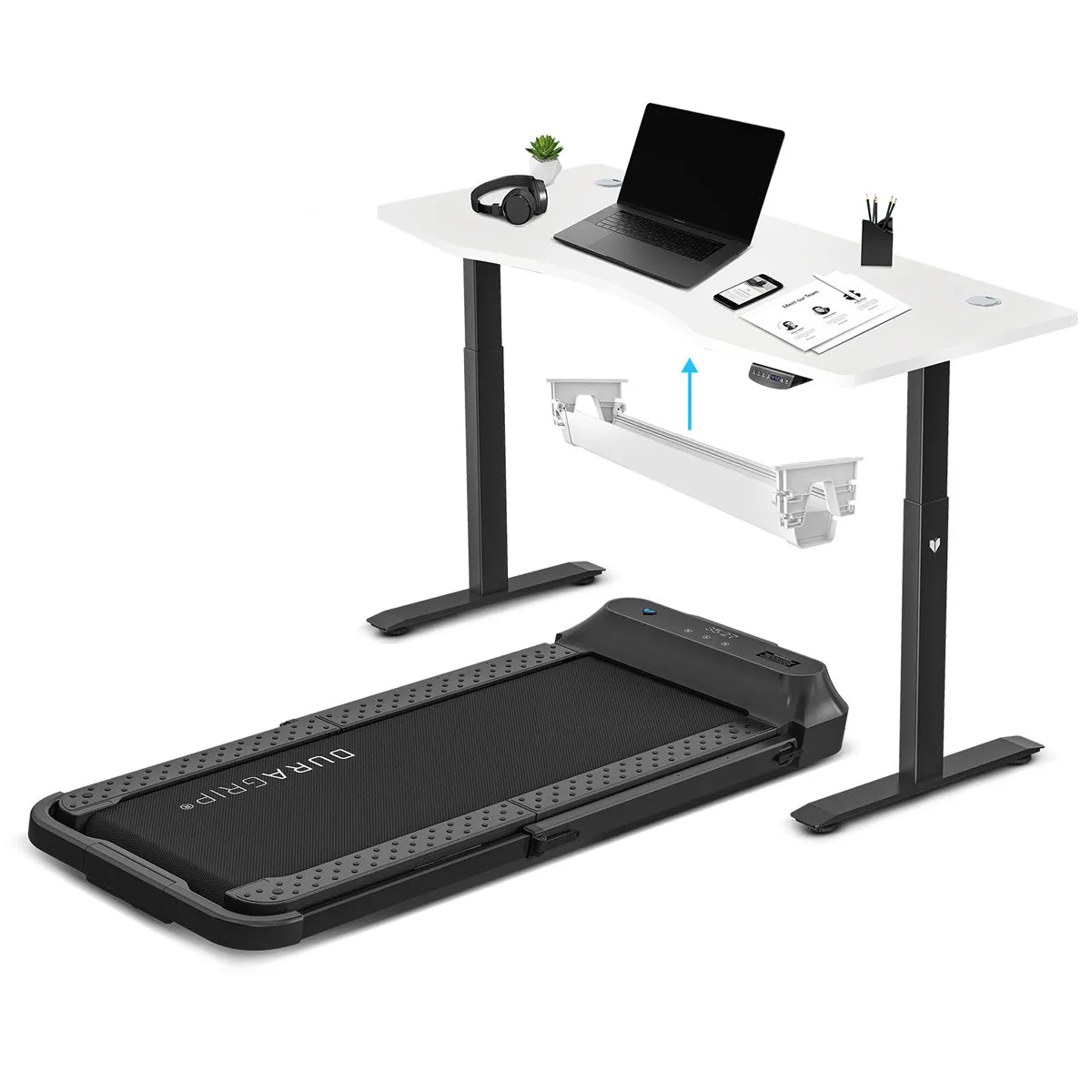 V-Fold Treadmill with ErgoDesk Automatic White Standing Desk 1500mm   Cable Management Tray