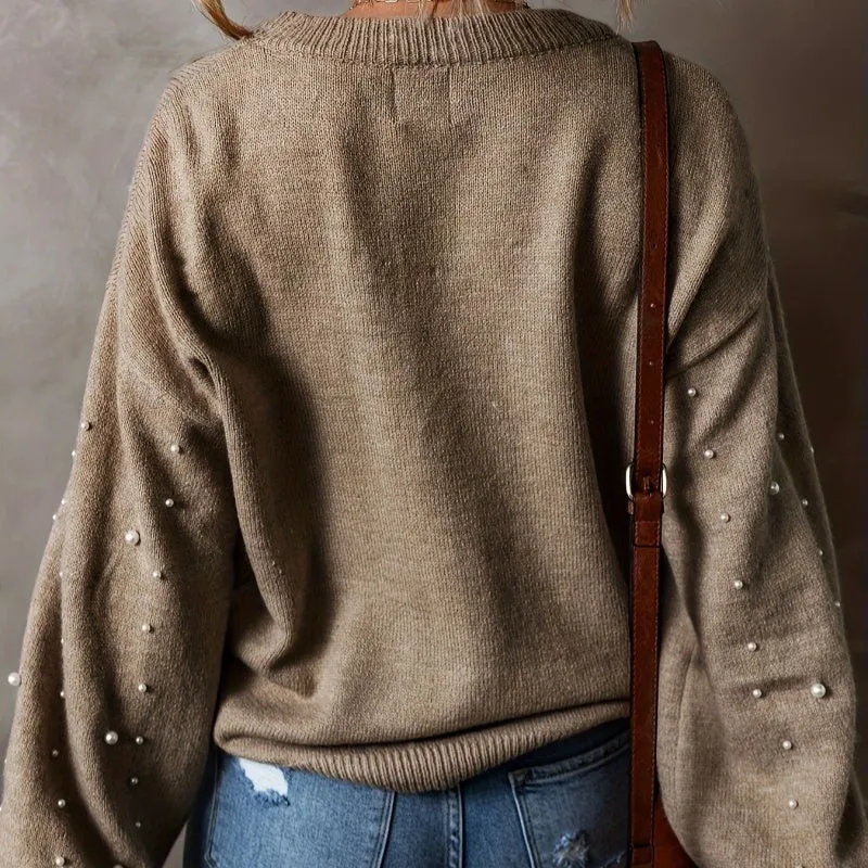 Vrouwen Faux Parels Ronde Hals Trui